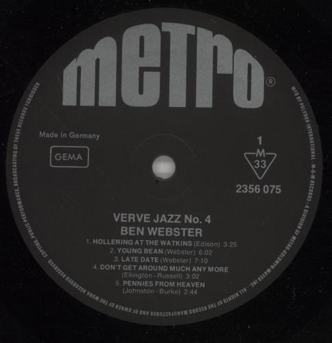 Ben Webster Verve Jazz No. 4 vinyl LP album (LP record) German BNWLPVE887767