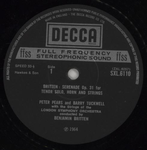 Benjamin Britten Serenade for Tenor, Horn and Strings - 3rd vinyl LP album (LP record) UK B1-LPSE860402