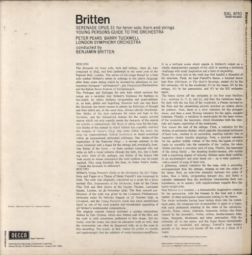 Benjamin Britten Serenade for Tenor, Horn and Strings - 3rd vinyl LP album (LP record) UK B1-LPSE860402