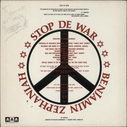 Benjamin Zephaniah Free South Afrika / Stop De War - Autographed 12" vinyl single (12 inch record / Maxi-single) UK B0M12FR874364