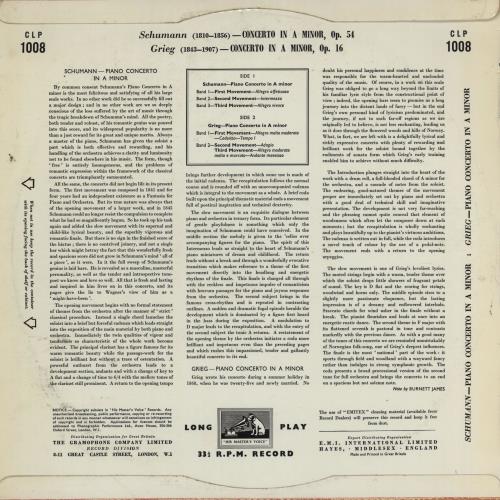 Benno Moiseiwitsch Grieg And Schumann Piano Concertos vinyl LP album (LP record) UK B3QLPGR761401