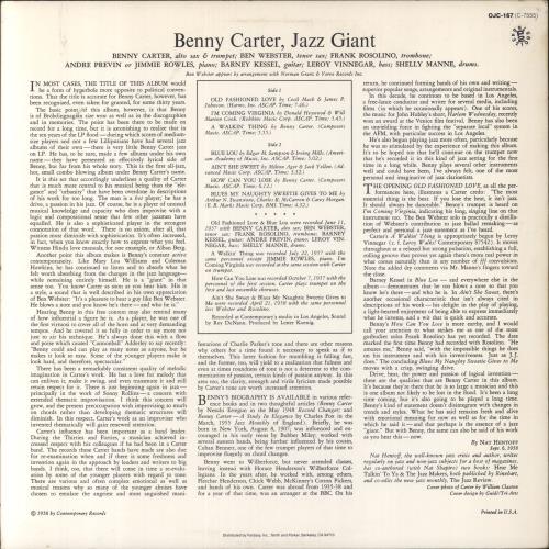 Benny Carter Jazz Giant vinyl LP album (LP record) US BCALPJA819350
