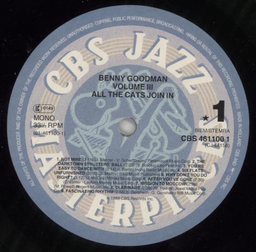 Benny Goodman Vol. III: All The Cats Join In vinyl LP album (LP record) UK BG1LPVO861368