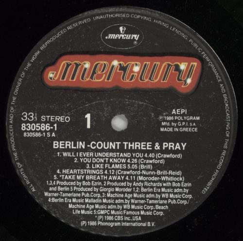 Berlin Count Three & Pray - Hype Sticker vinyl LP album (LP record) Greek BERLPCO874804