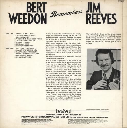 Bert Weedon Remembers Jim Reeves vinyl LP album (LP record) UK B/WLPRE719298