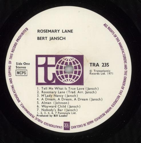 Bert Jansch Rosemary Lane 1st UK vinyl LP album (LP record) (616655)