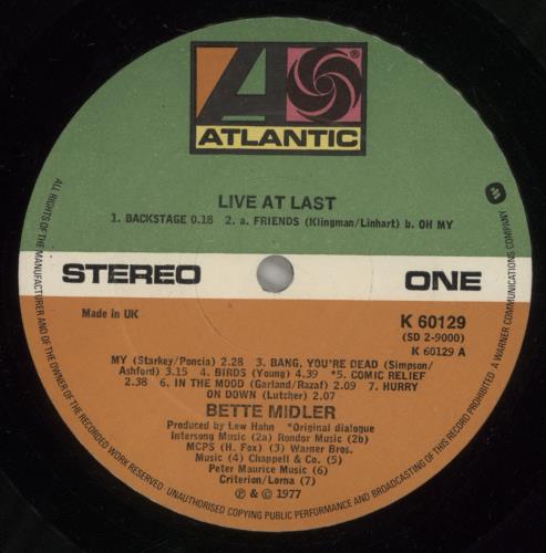 Bette Midler Live At Last 2-LP vinyl record set (Double LP Album) UK BMI2LLI296696