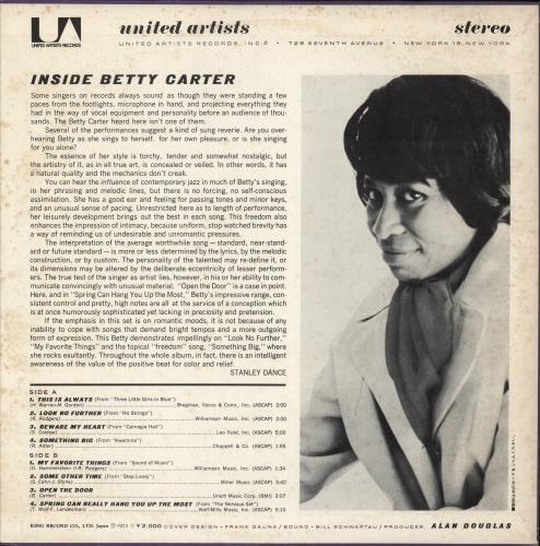 Betty Carter Inside Betty Carter vinyl LP album (LP record) Japanese 1BCLPIN883754