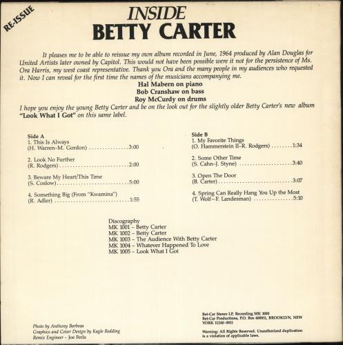 Betty Carter Inside vinyl LP album (LP record) US 1BCLPIN708352