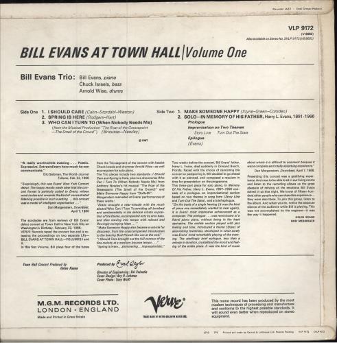 Bill Evans (Piano) At Town Hall - Volume One vinyl LP album (LP record) UK BLVLPAT605849
