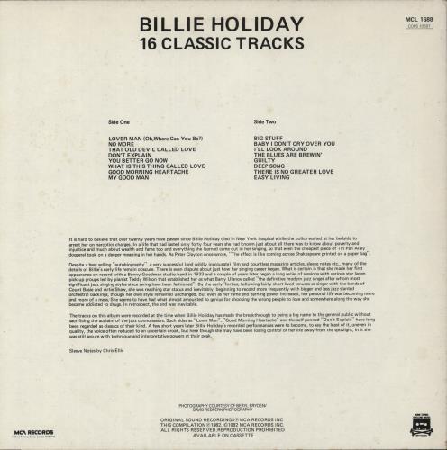 Billie Holiday 16 Classic Tracks vinyl LP album (LP record) UK B/HLPCL559159