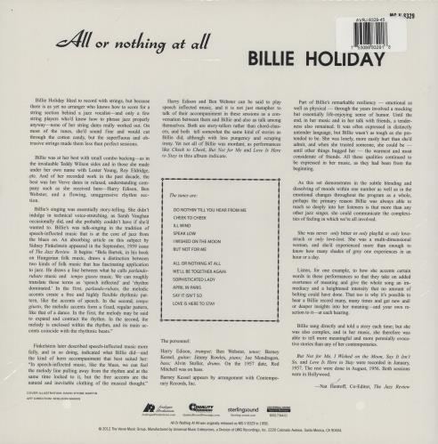 Billie Holiday All Or Nothing At All - 200gm 45RPM 2-LP vinyl record set (Double LP Album) US B/H2LAL759507