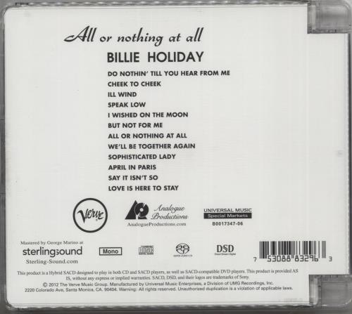 Billie Holiday All or Nothing at All super audio CD SACD US B/HSAAL865109
