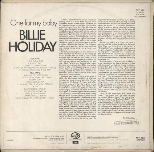 Billie Holiday One For My Baby vinyl LP album (LP record) UK B/HLPON467522