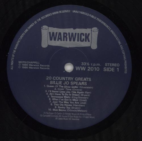 Billie Jo Spears 20 Country Greats vinyl LP album (LP record) UK BC7LPCO858385