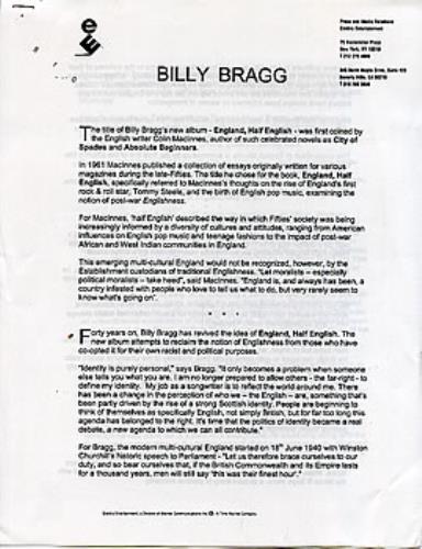 Billy Bragg England, Half English media press pack US BBRPPEN214569