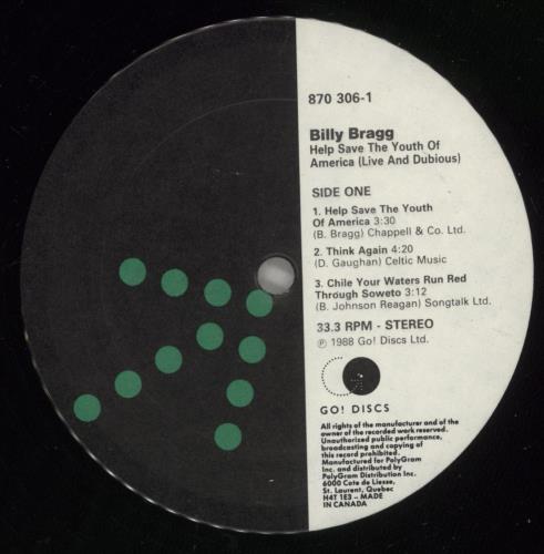 Billy Bragg Help Save The Youth Of America EP 12" vinyl single (12 inch record / Maxi-single) Canadian BBR12HE188068