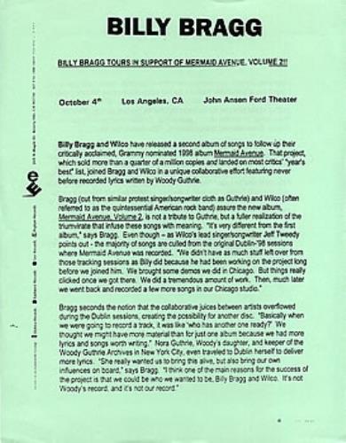 Billy Bragg Mermaid Avenue Volume II - Tour In Support Of media press pack US BBRPPME160970