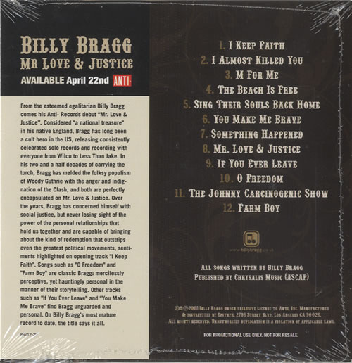 Billy Bragg Mr Love Justice CD album (CDLP) US BBRCDMR451815