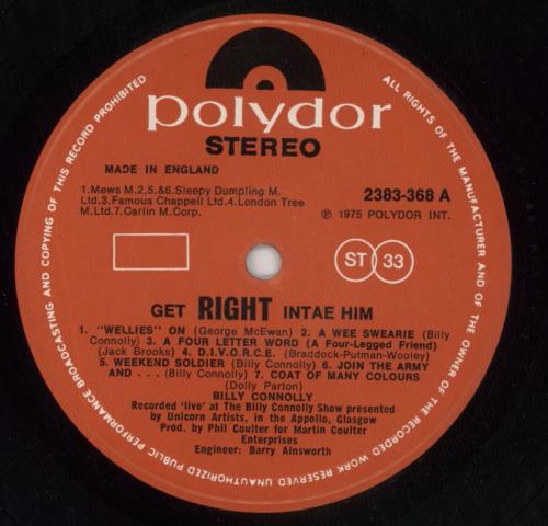Billy Connolly Get Right Intae Him vinyl LP album (LP record) UK BCLLPGE458609