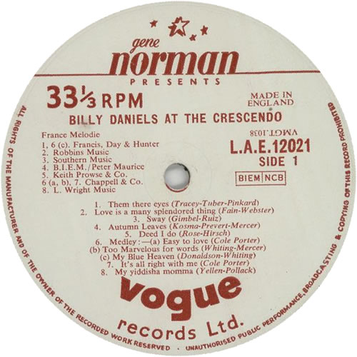 Billy Daniels Gene Norman Presents Billy Daniels vinyl LP album (LP record) UK B89LPGE609201