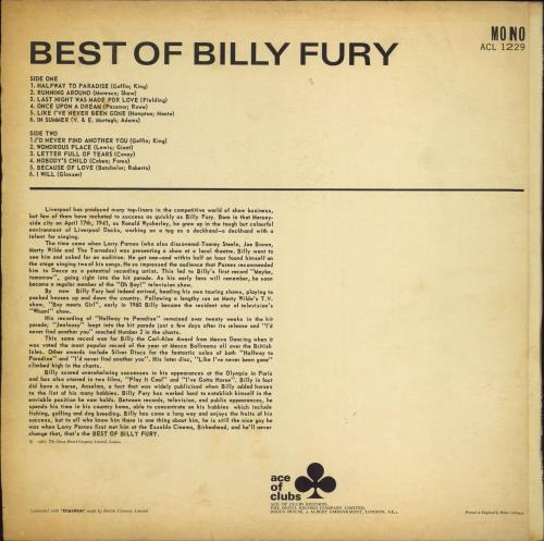 Billy Fury Best Of vinyl LP album (LP record) UK BFULPBE772518