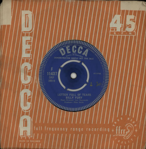 Billy Fury Letter Full Of Tears 7" vinyl single (7 inch record / 45) UK BFU07LE617546