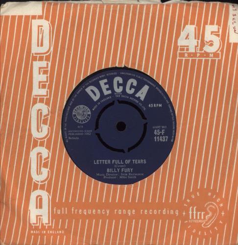 Billy Fury Letter Full Of Tears 7" vinyl single (7 inch record / 45) UK BFU07LE748462