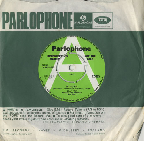 Billy Fury Loving You 7" vinyl single (7 inch record / 45) UK BFU07LO473398