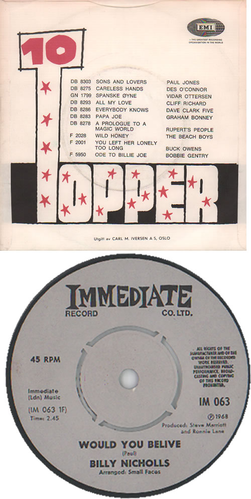 Billy Nicholls Would You Believe - p/s 7" vinyl single (7 inch record / 45) Norwegian NCS07WO635821