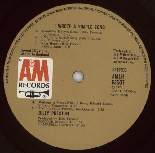Billy Preston I Wrote A Simple Song vinyl LP album (LP record) UK BIPLPIW252404