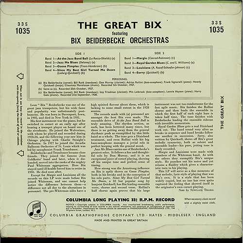 Bix Beiderbecke The Great Bix 10" vinyl single (10 inch record) UK BB-10TH408964