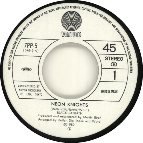 Black Sabbath Neon Knights 7" vinyl single (7 inch record / 45) Japanese BLK07NE68473