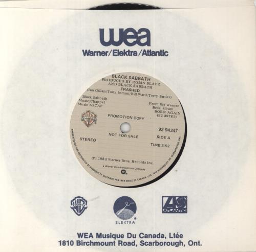 Black Sabbath Trashed 7" vinyl single (7 inch record / 45) Canadian BLK07TR849656