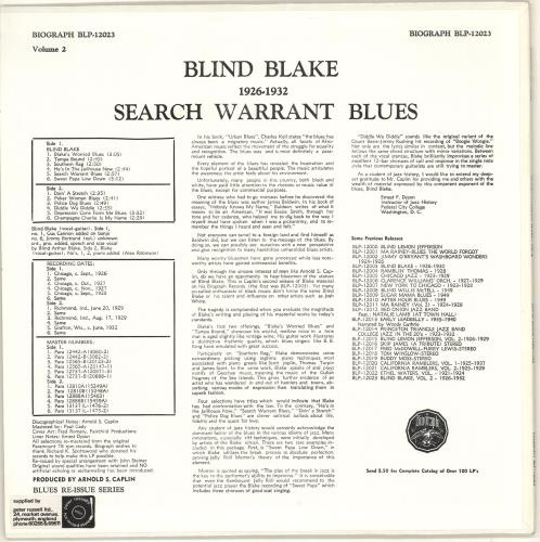 Blind Blake 1926-32 Search Warrant Blues Volume Two vinyl LP album (LP record) US C9XLPSE707420