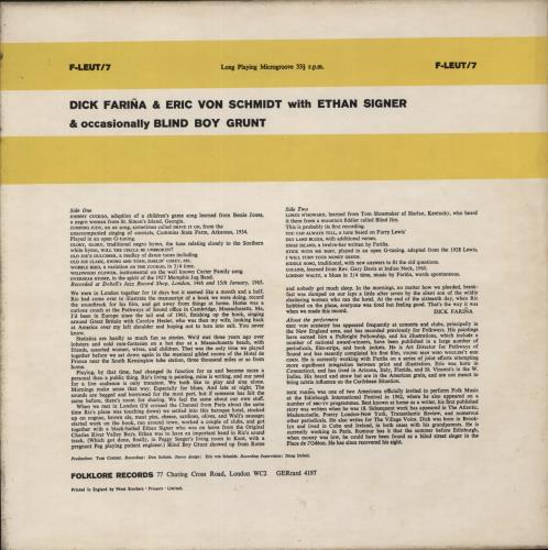 Blind Boy Grunt Dick Farina & Eric Von Schmidt - EX vinyl LP album (LP record) UK B09LPDI880320