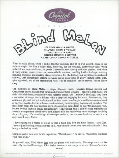 Blind Melon Blind Melon media press pack US BDMPPBL528906