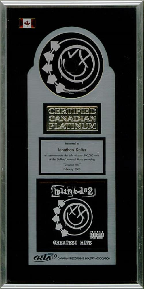 Blink 182 Greatest Hits award disc Canadian B18AWGR539219