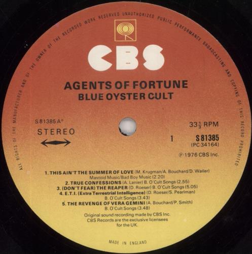 Blue Oyster Cult Agents Of Fortune - EX vinyl LP album (LP record) UK BOCLPAG453820