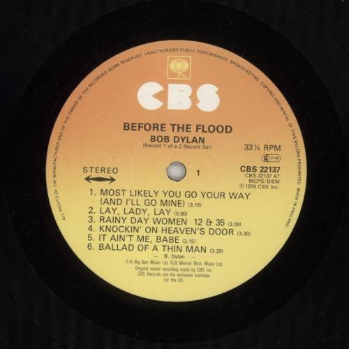 Bob Dylan Before The Flood - Graduated Orange Label 2-LP vinyl record set (Double LP Album) UK DYL2LBE550042