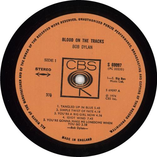 Bob Dylan Blood On The Tracks - plain orange label/alt back sleeve - EX vinyl LP album (LP record) UK DYLLPBL737679