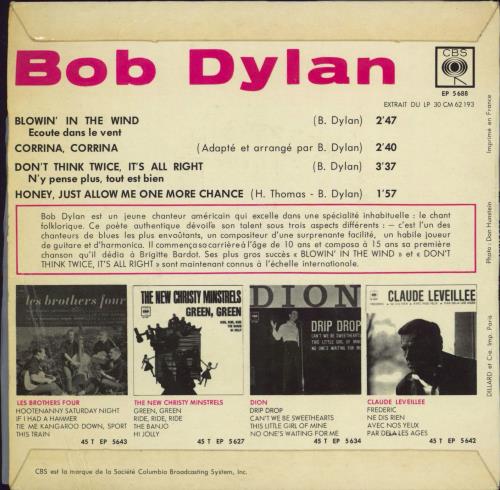 Bob Dylan Blowin' In The Wind E.P. 7" vinyl single (7 inch record / 45) French DYL07BL91053