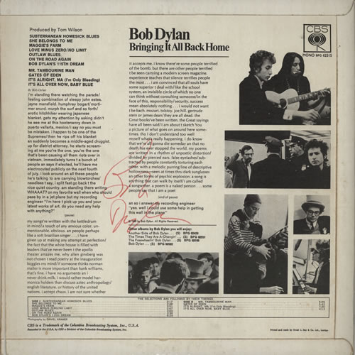 Bob Dylan Bringing It All Back Home - Autographed vinyl LP album (LP record) UK DYLLPBR582199