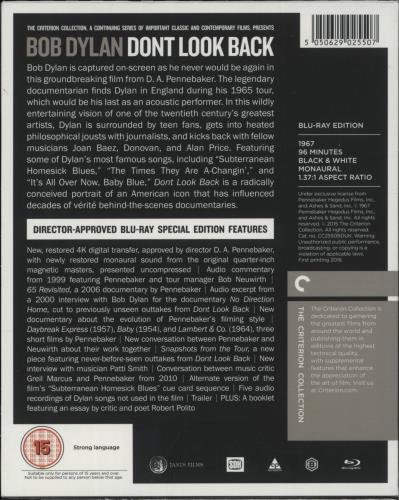Bob Dylan Don't Look Back - Criterion Collection Blu Ray DVD UK DYLBRDO881682