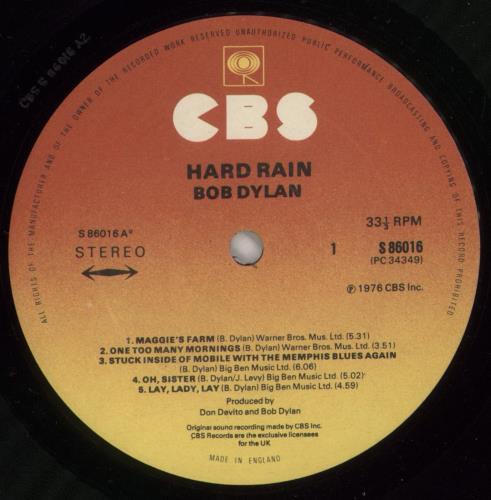 Bob Dylan Hard Rain vinyl LP album (LP record) UK DYLLPHA171437