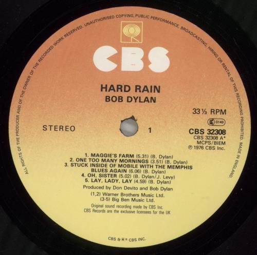 Bob Dylan Hard Rain vinyl LP album (LP record) UK DYLLPHA342537