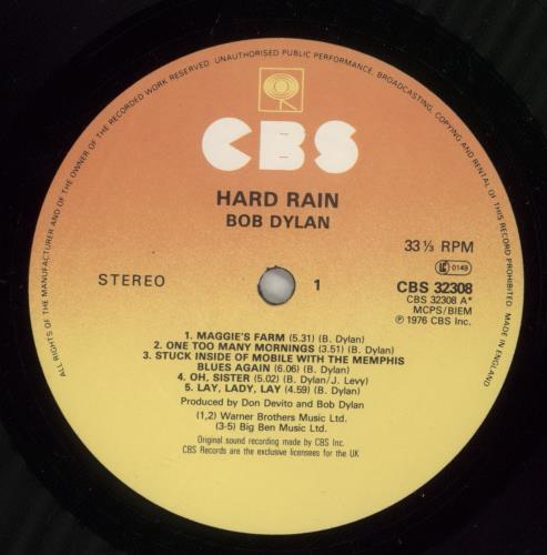 Bob Dylan Hard Rain vinyl LP album (LP record) UK DYLLPHA887150