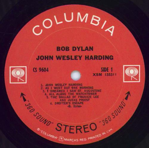 Bob Dylan John Wesley Harding vinyl LP album (LP record) Canadian DYLLPJO786575