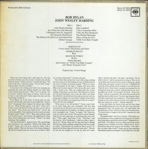 Bob Dylan John Wesley Harding vinyl LP album (LP record) Canadian DYLLPJO786575