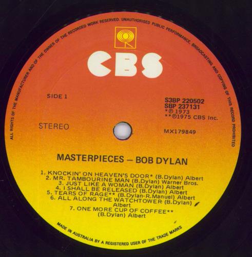 Bob Dylan Masterpieces - VG 3-LP vinyl record set (Triple LP Album) Australian DYL3LMA831380